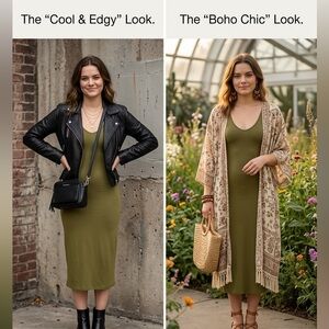 See You Monday Olive Green Bodycon Midi Dress XL Casual Boho